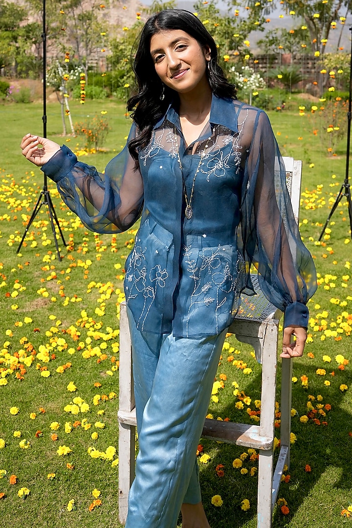 Indigo Blue Organza Floral Shirt by HeenaAgrima at Pernia's Pop Up Shop