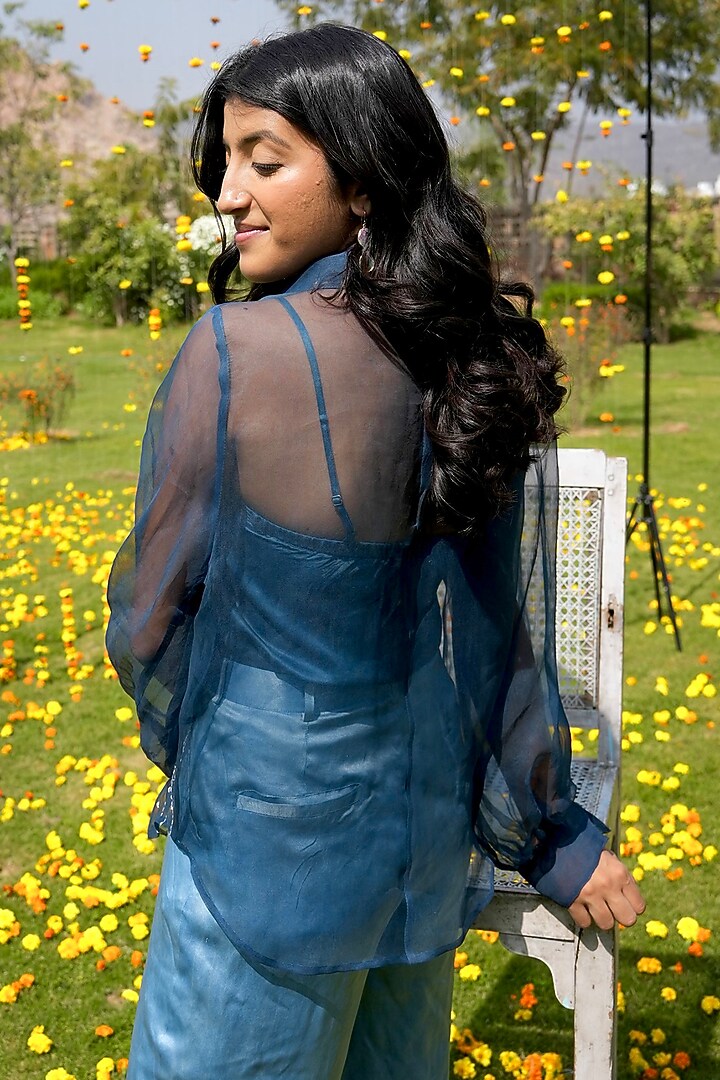 Indigo Blue Organza Floral Shirt by HeenaAgrima at Pernia's Pop Up Shop