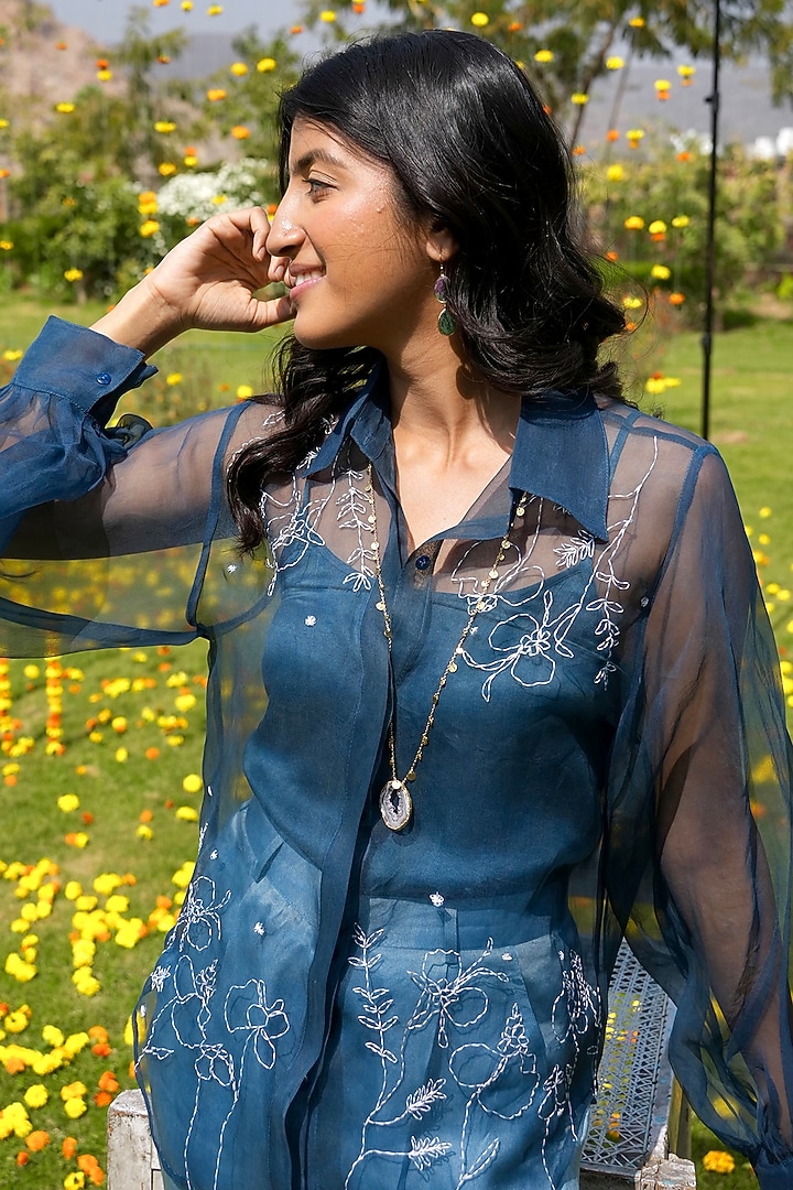 Indigo Blue Organza Floral Shirt by HeenaAgrima at Pernia's Pop Up Shop