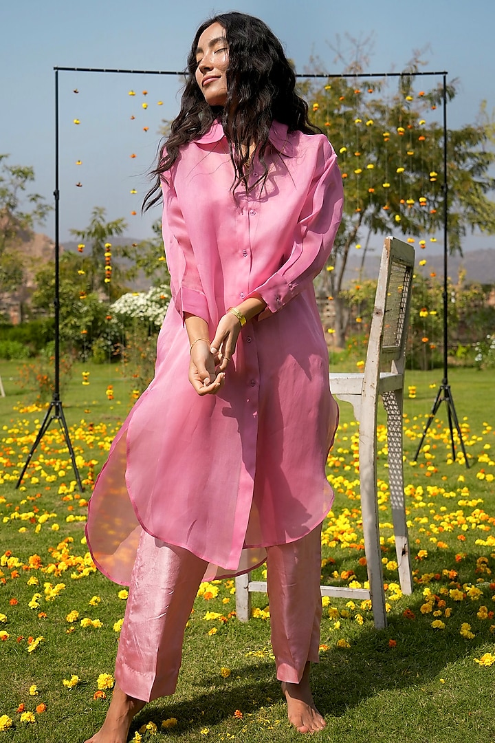 Pink Silk & Organza Long Shirt by HeenaAgrima at Pernia's Pop Up Shop