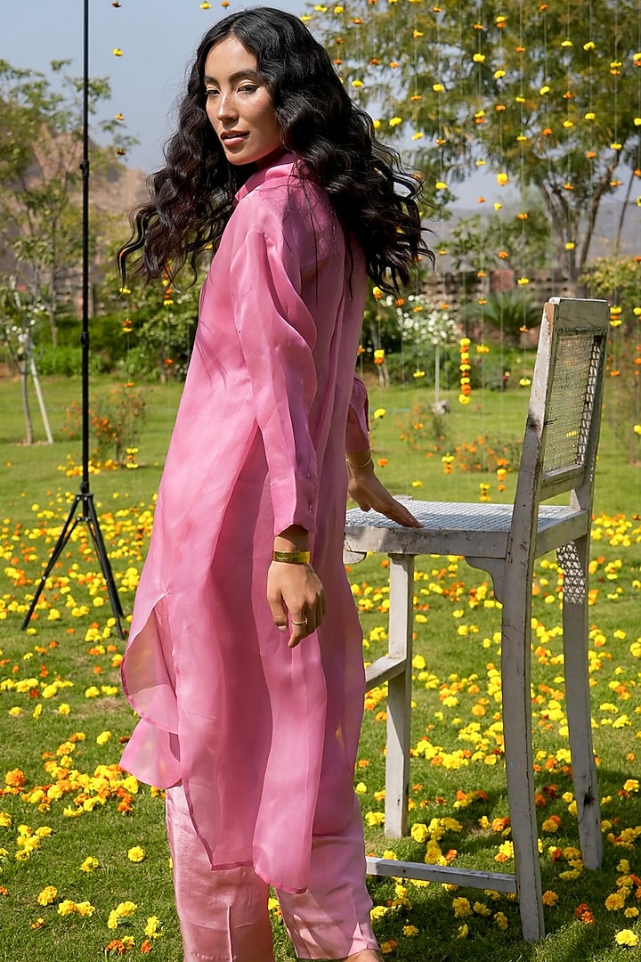 Pink Silk & Organza Long Shirt by HeenaAgrima at Pernia's Pop Up Shop
