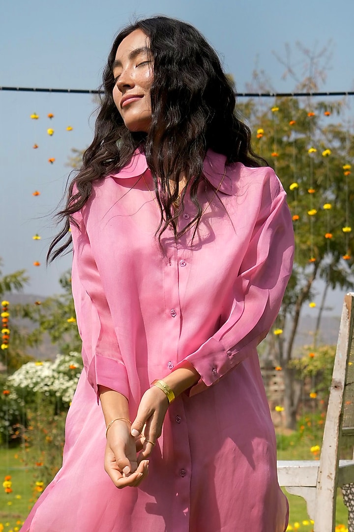 Pink Silk & Organza Long Shirt by HeenaAgrima at Pernia's Pop Up Shop