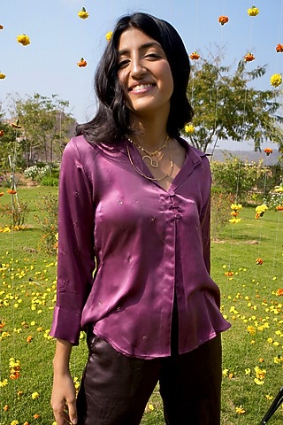 Purple Satin Silk Dyed Shirt by HeenaAgrima