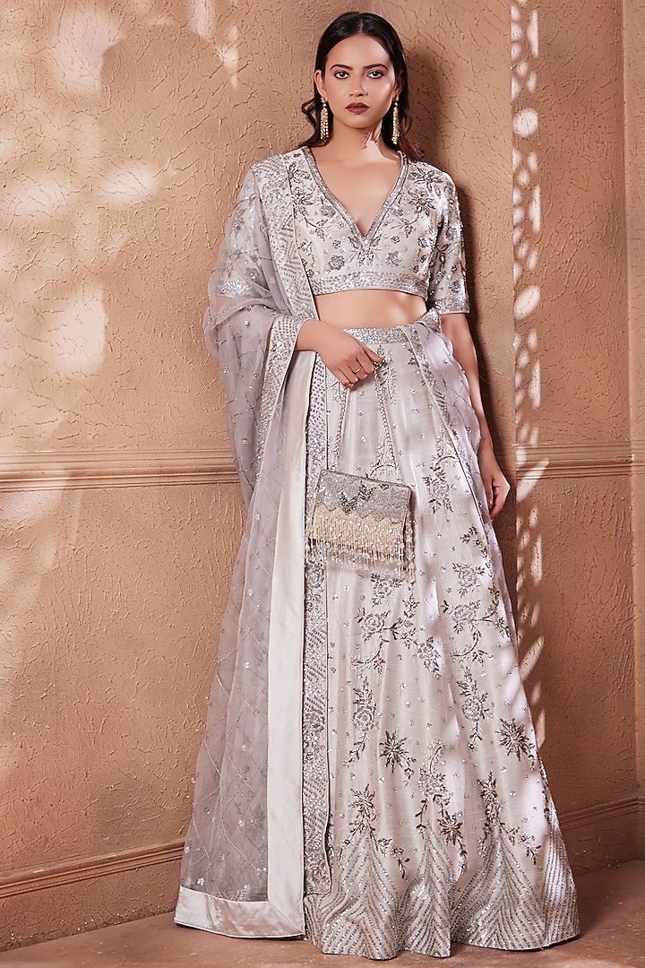 Roman Silver Pure Raw Silk Embroidered Bridal Lehenga Set by Heritage Couture at Pernia's Pop Up Shop