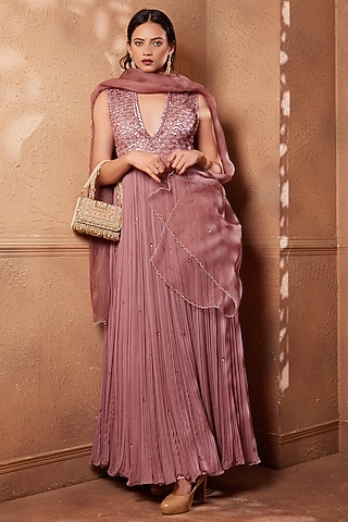 Onion Pink Viscose Georgette Hand Embroidered Anarkali Set by Heritage Couture