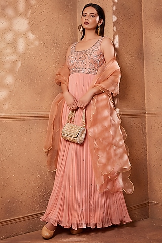 Blossom Pink Viscose Georgette Hand Embroidered Anarkali Set by Heritage Couture