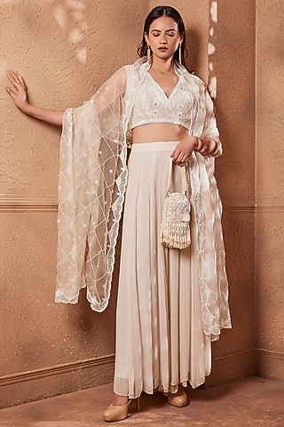 White Georgette Palazzo Pant Set by Heritage Couture