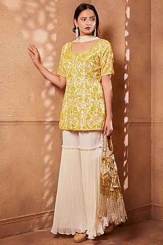 Ivory Georgette Gharara Set by Heritage Couture