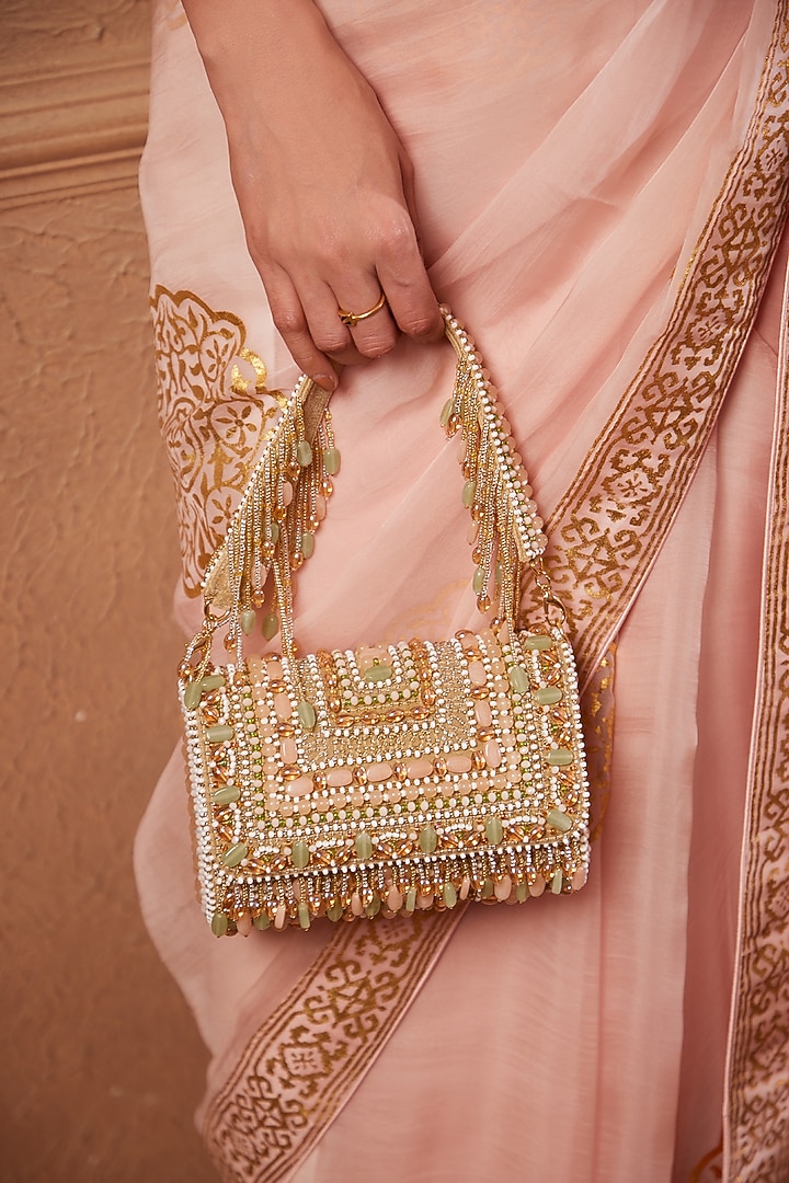 Blossom Pink Organza Block Printed Wedding Saree Set by Heritage Couture at Pernia's Pop Up Shop