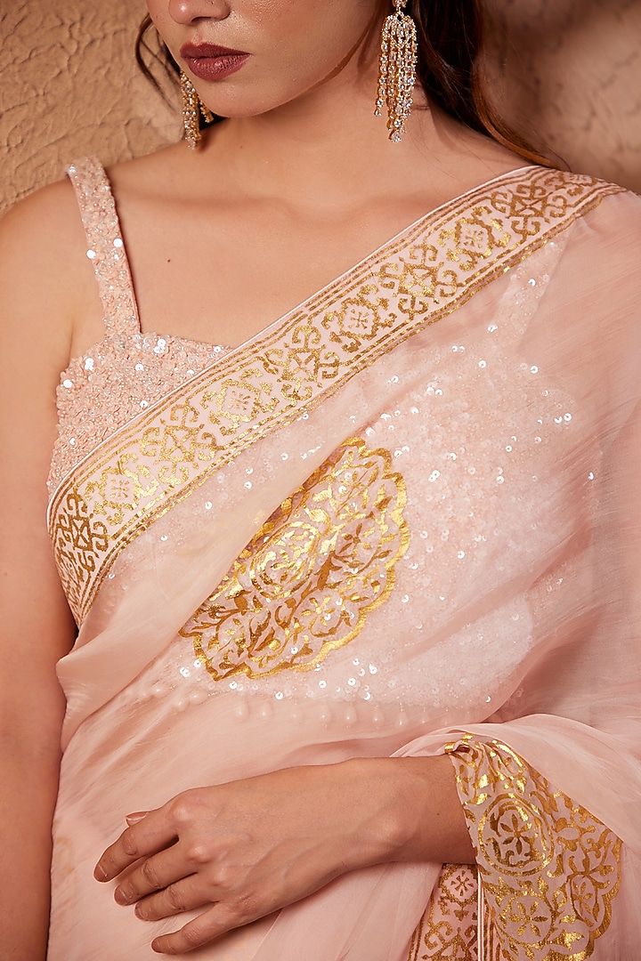 Blossom Pink Organza Block Printed Wedding Saree Set by Heritage Couture at Pernia's Pop Up Shop