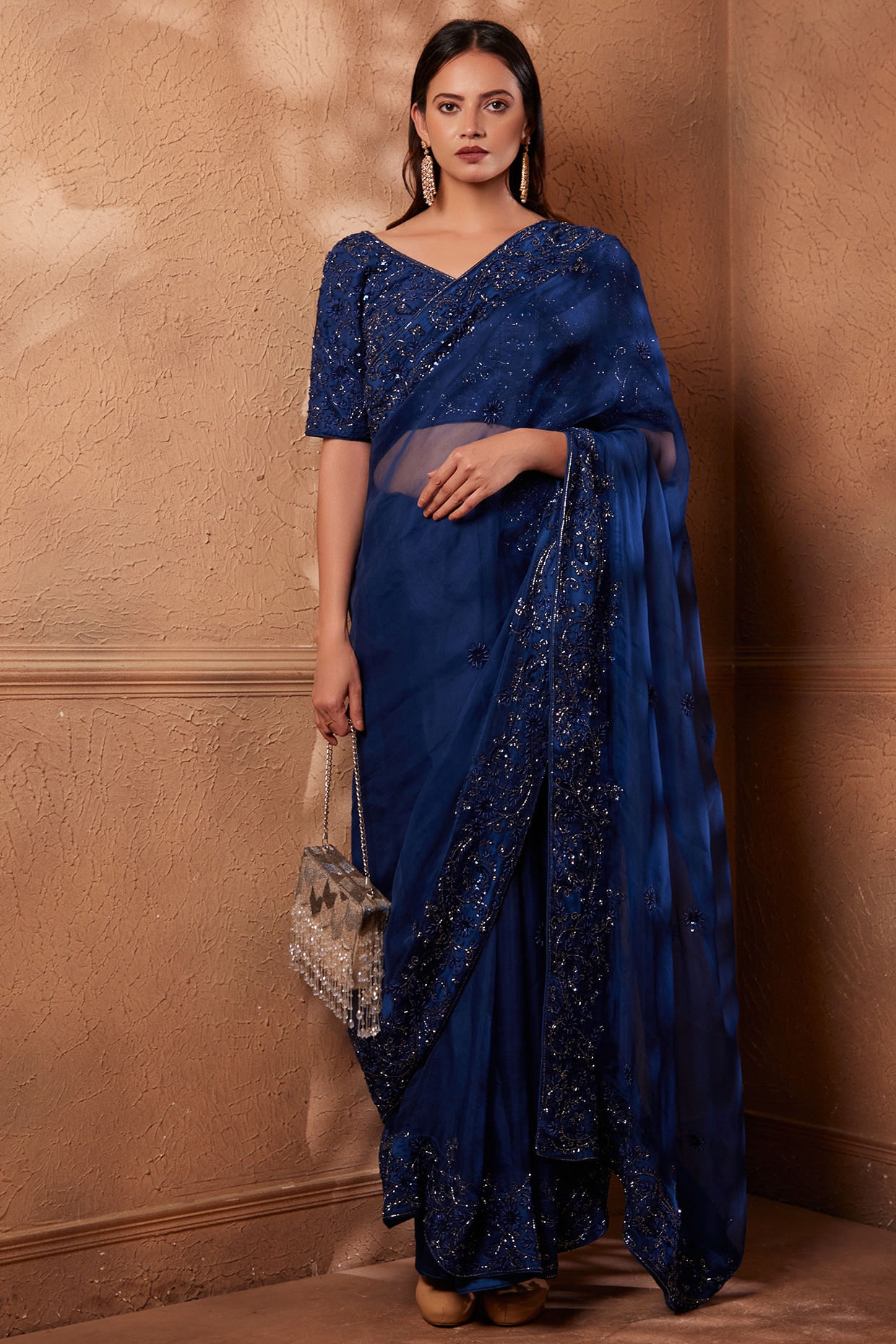 Navy blue Floral Printed Organza Saree – Inddus.com