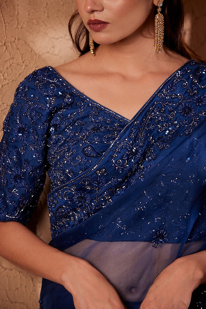 Odette Blue Organza Embroidered Wedding Saree Set by Heritage Couture at Pernia's Pop Up Shop