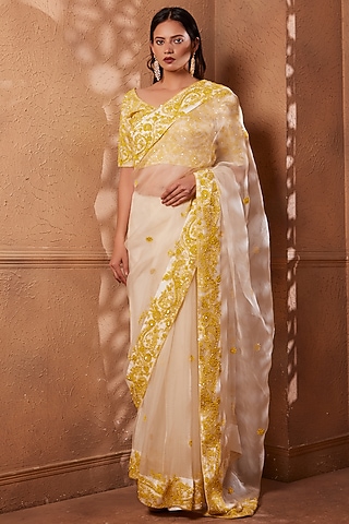Ivory & Yellow Organza Embroidered Saree Set by Heritage Couture