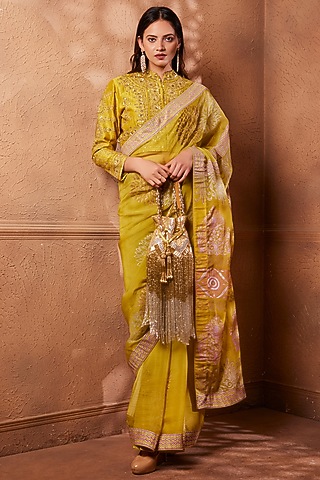 Mustard Organza Printed Jacket Saree Set by Heritage Couture
