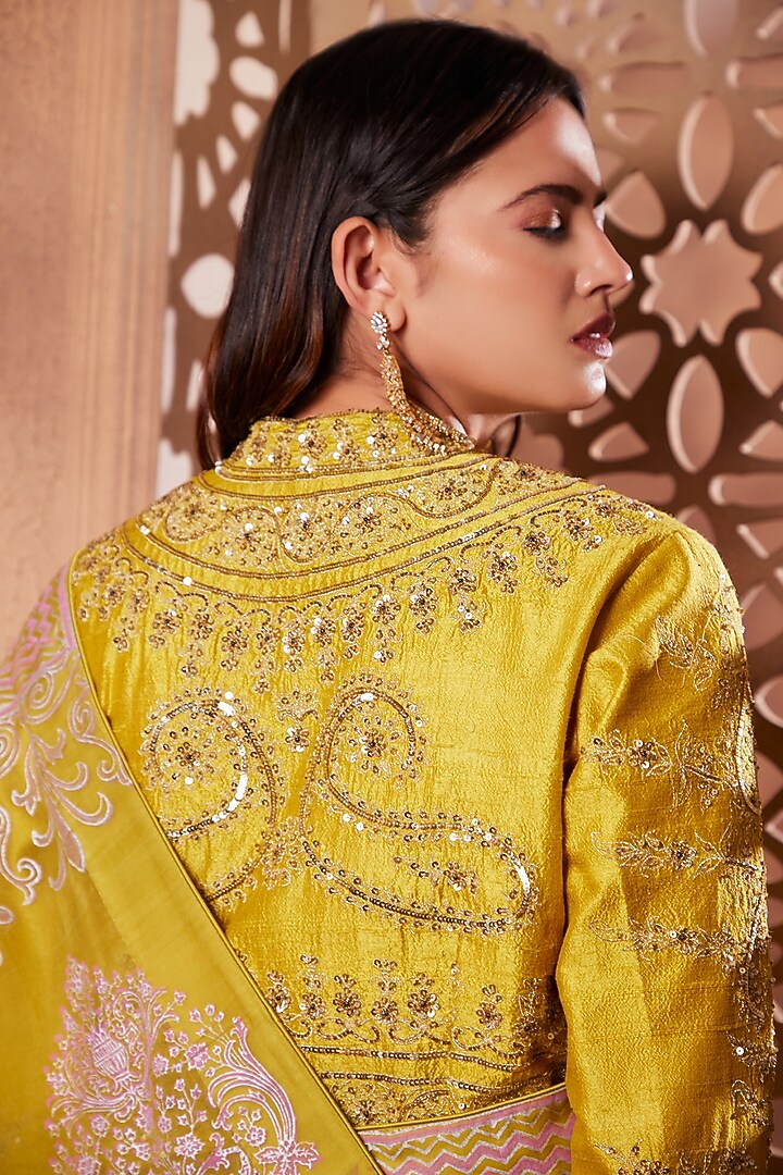 Mustard Organza Printed Jacket Wedding Saree Set by Heritage Couture at Pernia's Pop Up Shop