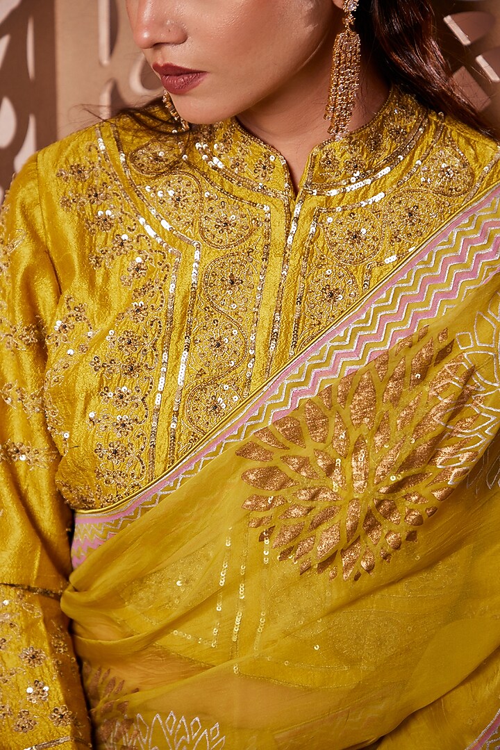 Mustard Organza Printed Jacket Wedding Saree Set by Heritage Couture at Pernia's Pop Up Shop