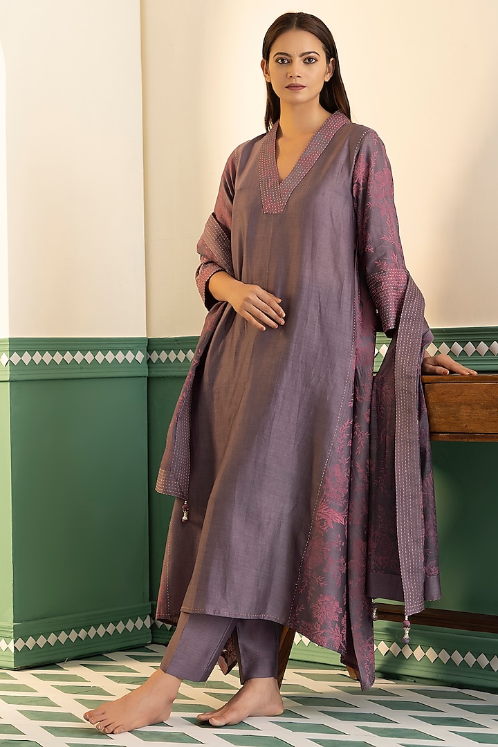 Purple Chanderi Silk Printed A-Line Kurta Set by Heritage Couture