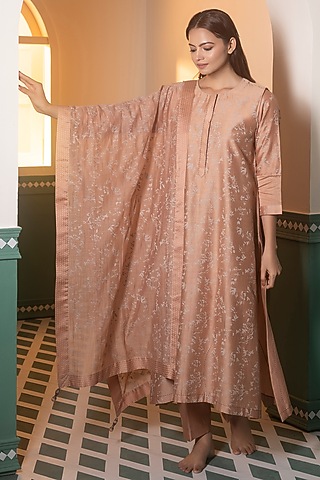 Beige Chanderi Silk Printed A-Line Kurta Set by Heritage Couture