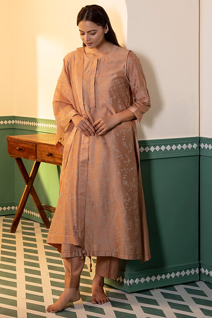 Beige Chanderi Silk Printed A-Line Kurta Set by Heritage Couture at Pernia's Pop Up Shop
