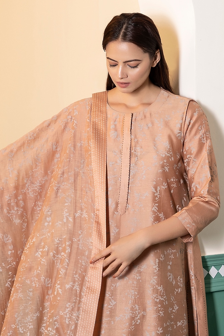 Beige Chanderi Silk Printed A-Line Kurta Set by Heritage Couture at Pernia's Pop Up Shop