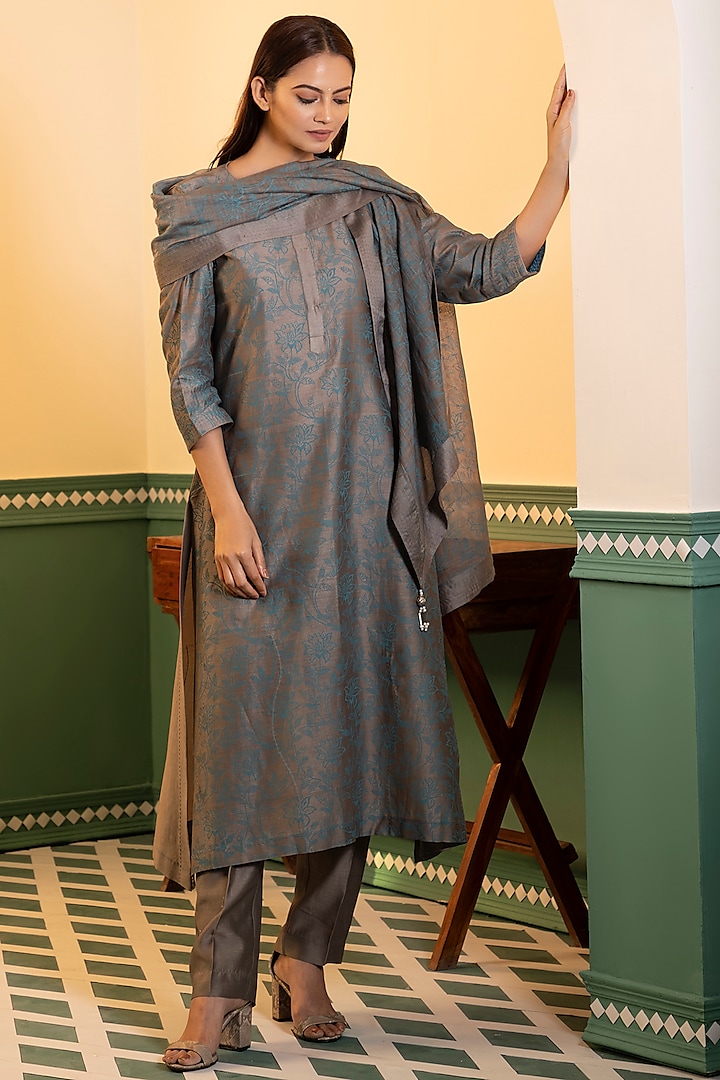 Grey Chanderi Silk Printed A-Line Kurta Set by Heritage Couture