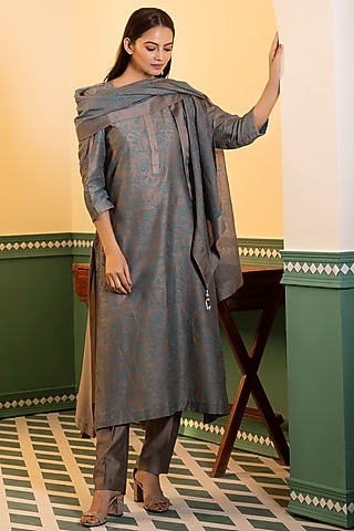 Grey Chanderi Silk Printed A-Line Kurta Set by Heritage Couture