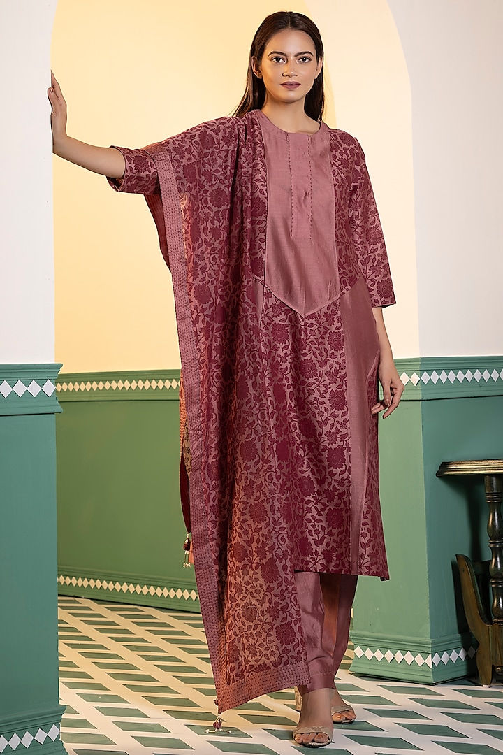 Red Chanderi Silk Printed A-Line Kurta Set by Heritage Couture