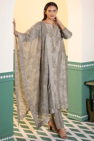 Pastel Green Chanderi Silk Printed A-Line Kurta Set by Heritage Couture