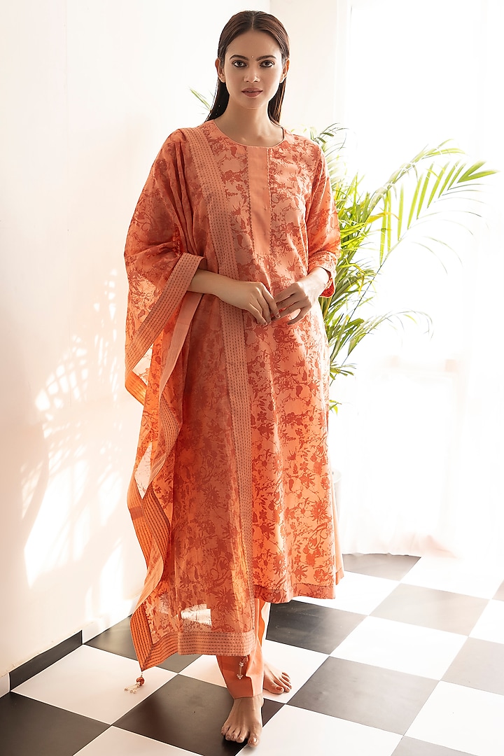 Rust Orange Green Chanderi Silk Printed A-Line Kurta Set by Heritage Couture