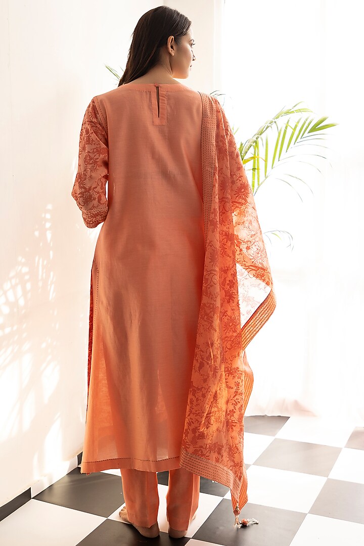 Rust Orange Green Chanderi Silk Printed A-Line Kurta Set by Heritage Couture at Pernia's Pop Up Shop