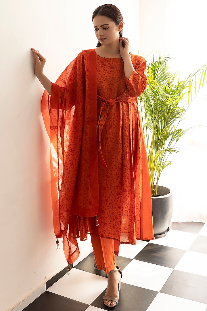 Burnt Orange Chanderi Silk Printed A-Line Kurta Set by Heritage Couture