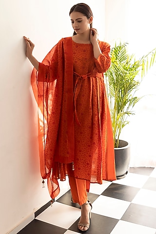 Burnt Orange Chanderi Silk Printed A-Line Kurta Set by Heritage Couture
