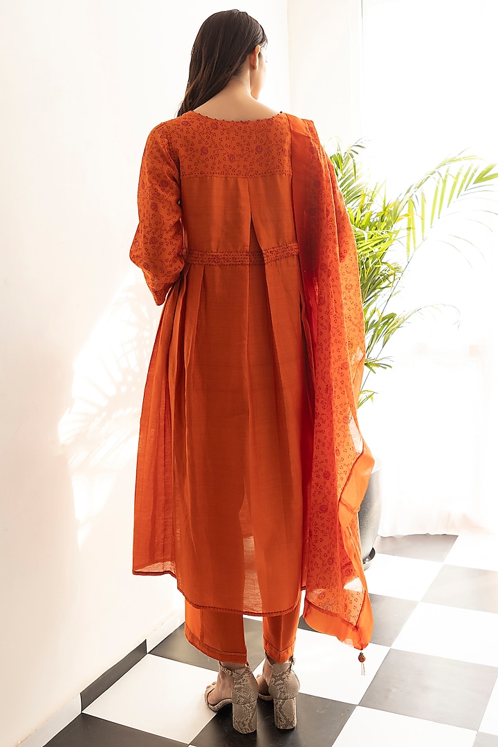 Burnt Orange Chanderi Silk Printed A-Line Kurta Set by Heritage Couture at Pernia's Pop Up Shop