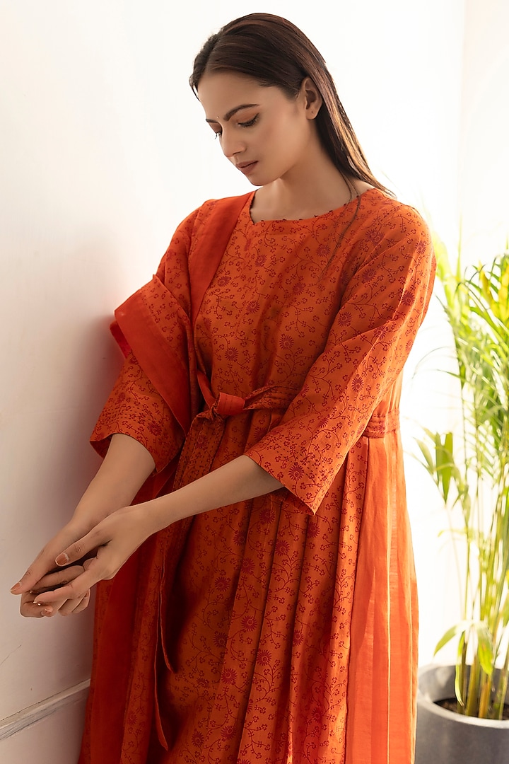 Burnt Orange Chanderi Silk Printed A-Line Kurta Set by Heritage Couture at Pernia's Pop Up Shop
