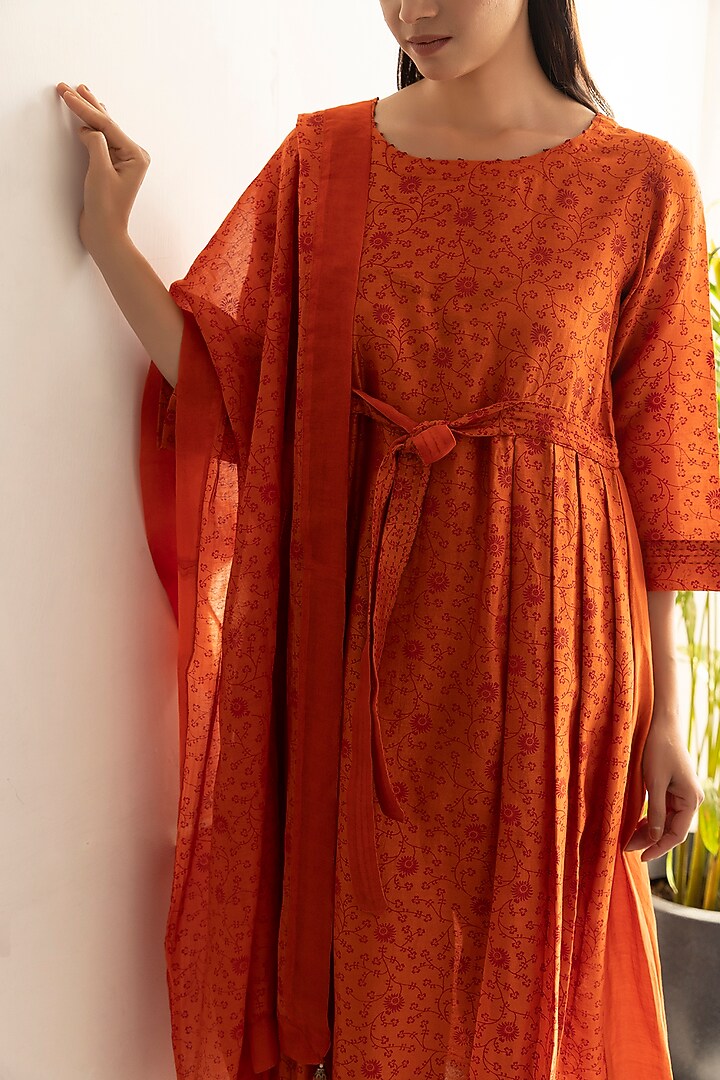 Burnt Orange Chanderi Silk Printed A-Line Kurta Set by Heritage Couture at Pernia's Pop Up Shop