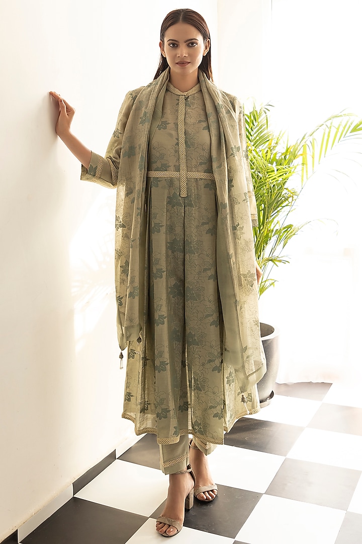 Sage Green Chanderi Silk Printed Kurta Set by Heritage Couture
