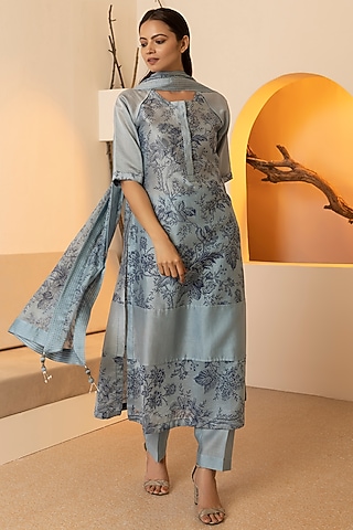 Powder Blue Chanderi Silk Printed Kurta Set by Heritage Couture