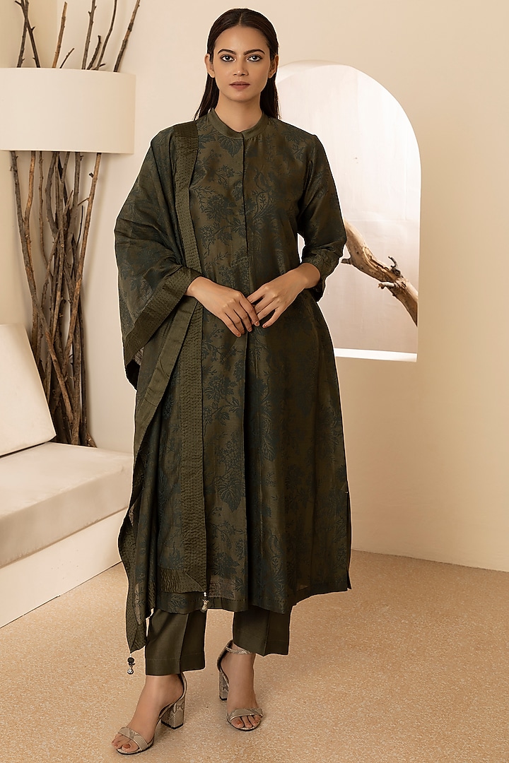 Juniper Green Chanderi Silk Printed A-Line Kurta Set by Heritage Couture