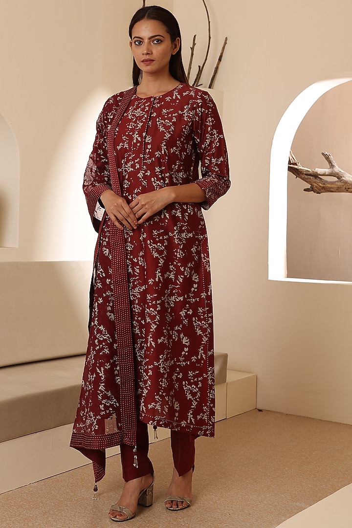 Maroon Chanderi Silk Printed A-Line Kurta Set by Heritage Couture
