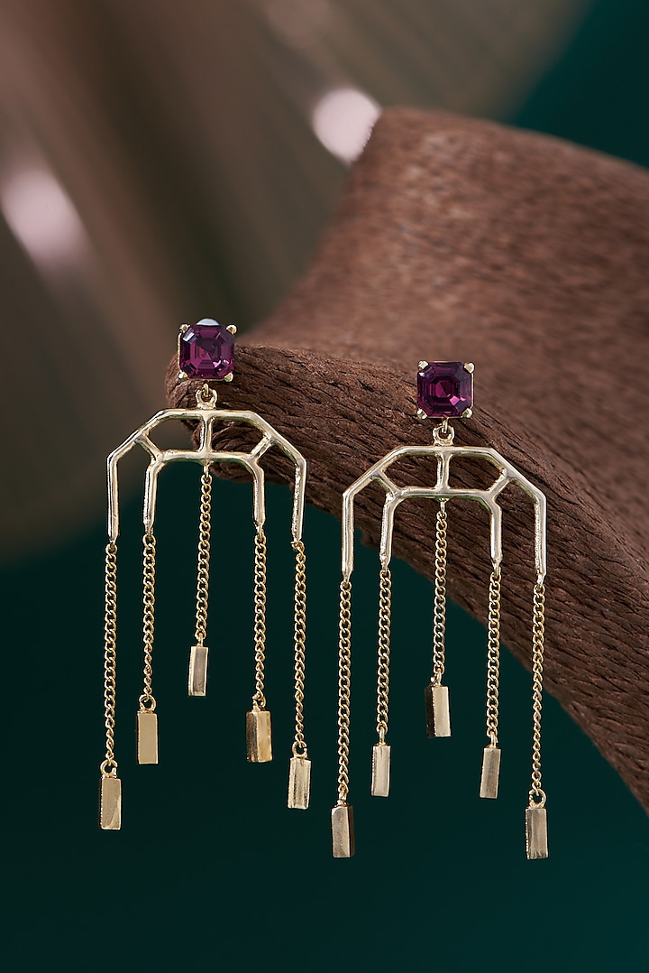 Gold Plated Amethyst Swarovski Crystal Dangler Earrings by Hermosa By Srishti Bajaj