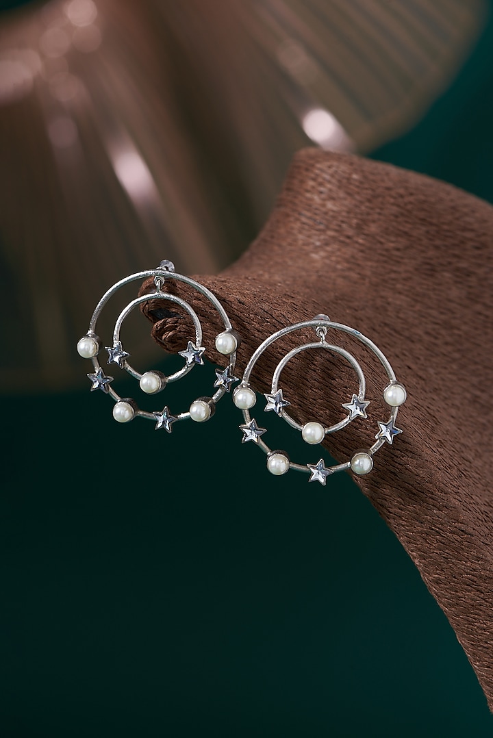 Silver Finish Pearl & Swarovski Crystal Dangler Earrings by Hermosa By Srishti Bajaj