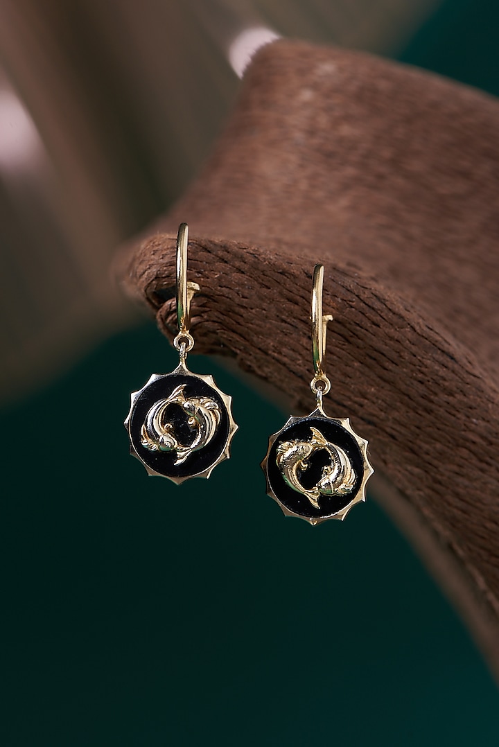 Gold Plated Black Onyx Stone Hoop Earrings by Hermosa By Srishti Bajaj