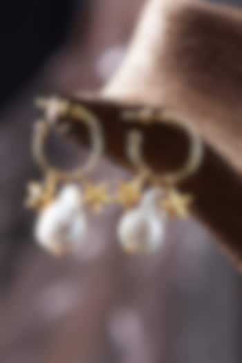 Gold Plated Pearl Embellished Handcrafted Hoop Earrings by Hermosa By Srishti Bajaj