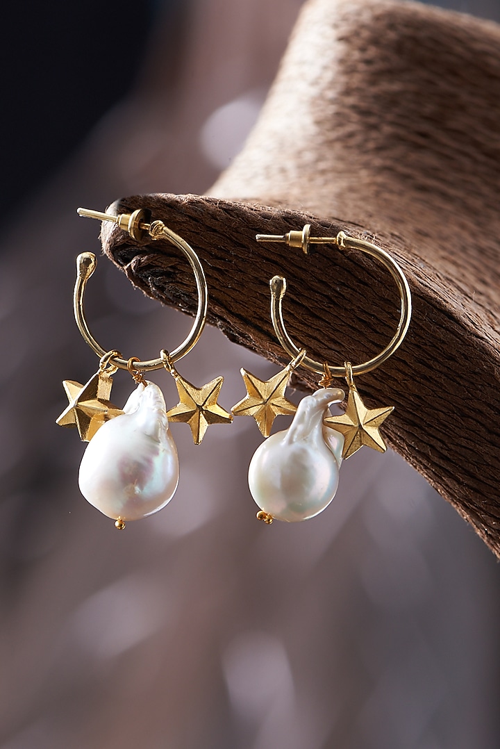 Gold Plated Pearl Embellished Handcrafted Hoop Earrings by Hermosa By Srishti Bajaj at Pernia's Pop Up Shop