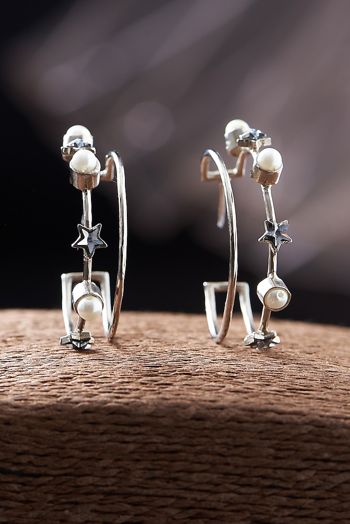 Silver Finish Swarovski Crystal & Pearl Handcrafted Hoop Earrings by Hermosa By Srishti Bajaj