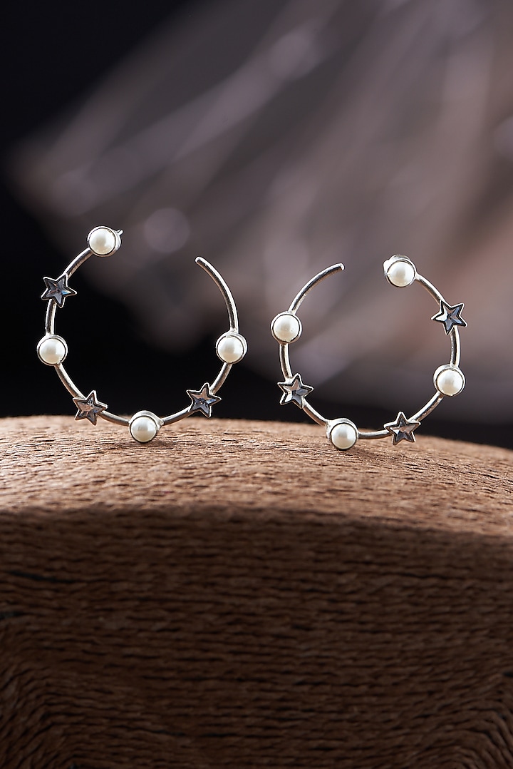 Silver Finish Swarovski Crystal & Pearl Handcrafted Hoop Earrings by Hermosa By Srishti Bajaj