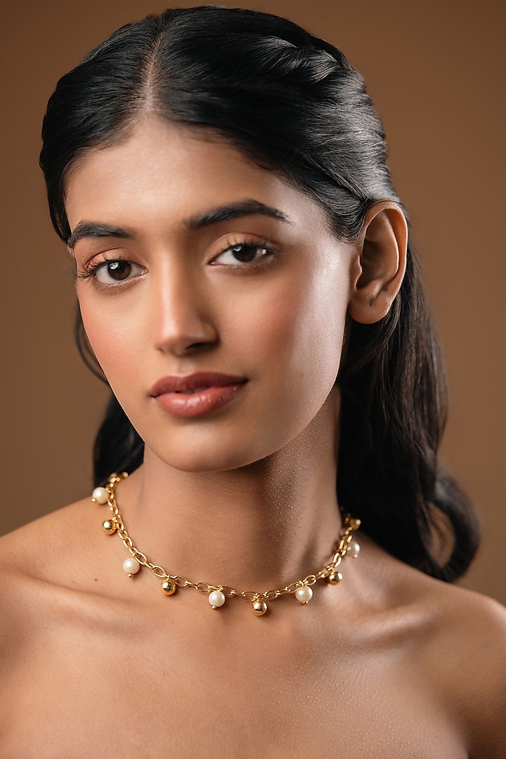 Gold Finish Pearl Choker Necklace by Hermosa By Srishti Bajaj at Pernia's Pop Up Shop