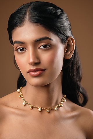 Gold Finish Pearl Choker Necklace by Hermosa By Srishti Bajaj