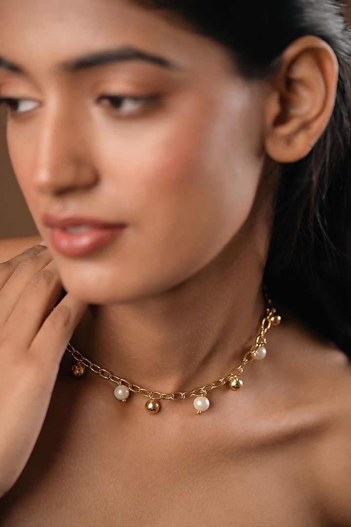 Gold Finish Pearl Choker Necklace by Hermosa By Srishti Bajaj at Pernia's Pop Up Shop