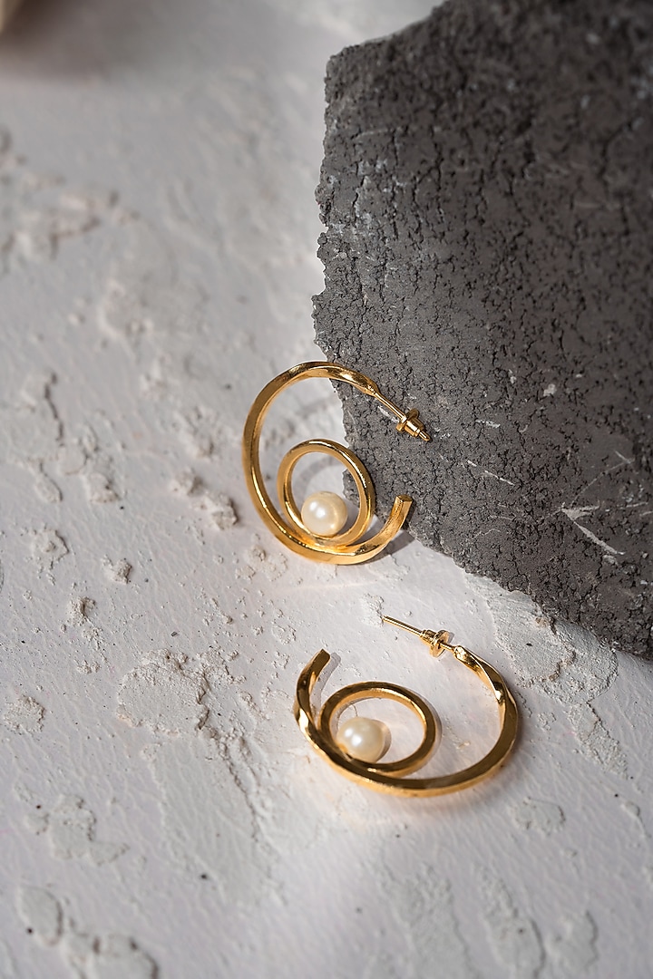 Gold Finish Pearl Hoop Earrings by Hermosa By Srishti Bajaj at Pernia's Pop Up Shop